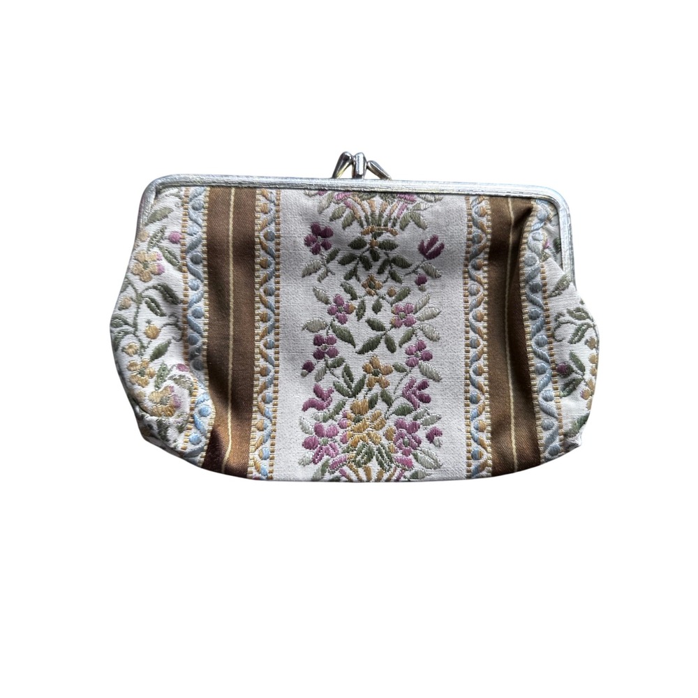 Vintage Tapestry Kiss Lock Coin Purse Floral Embroidered Small Clutch Bag Brown